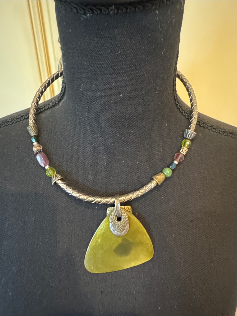 Chico's Olive Green Pendant Beaded Braided Necklace